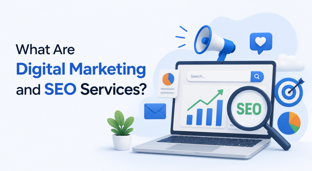 A graphic of a laptop that states what are digital marketing and seo services?
